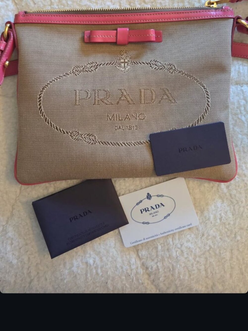 Prada pink leath and tan jacard cross body bag